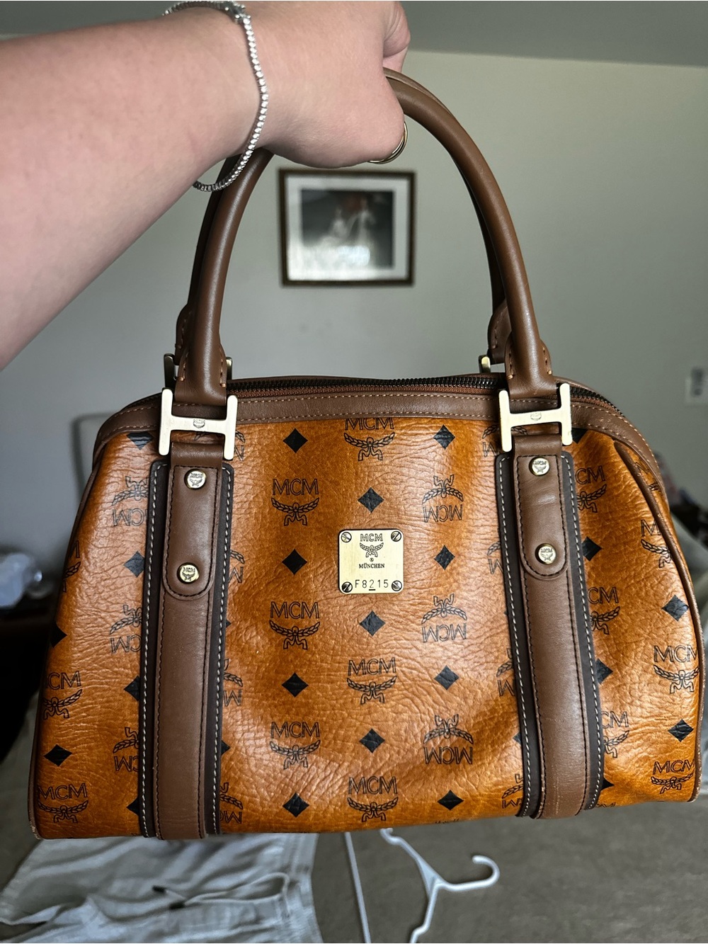 MCM Cognac Brown Visetos Monogram Satchel
